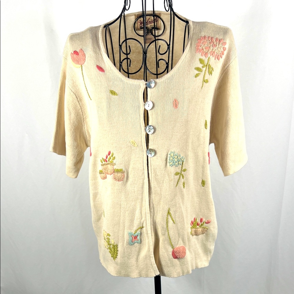 VINTAGE 90’s WOOLRICH Women’s Embroidered Button-Up Cardigan Medium Short Sleeve